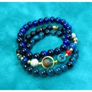 Boho Resin Faux Stone Tiger Eye, Agate, Purple Beads Stretchy Bracelets Lot Of 3